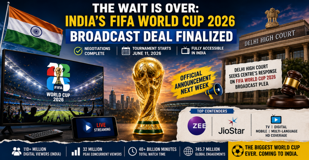 Custom breaking news banner for the FIFA World Cup 2026 India broadcast deal featuring the tournament trophy, Delhi High Court legal plea update, and top contenders Zee and JioStar.