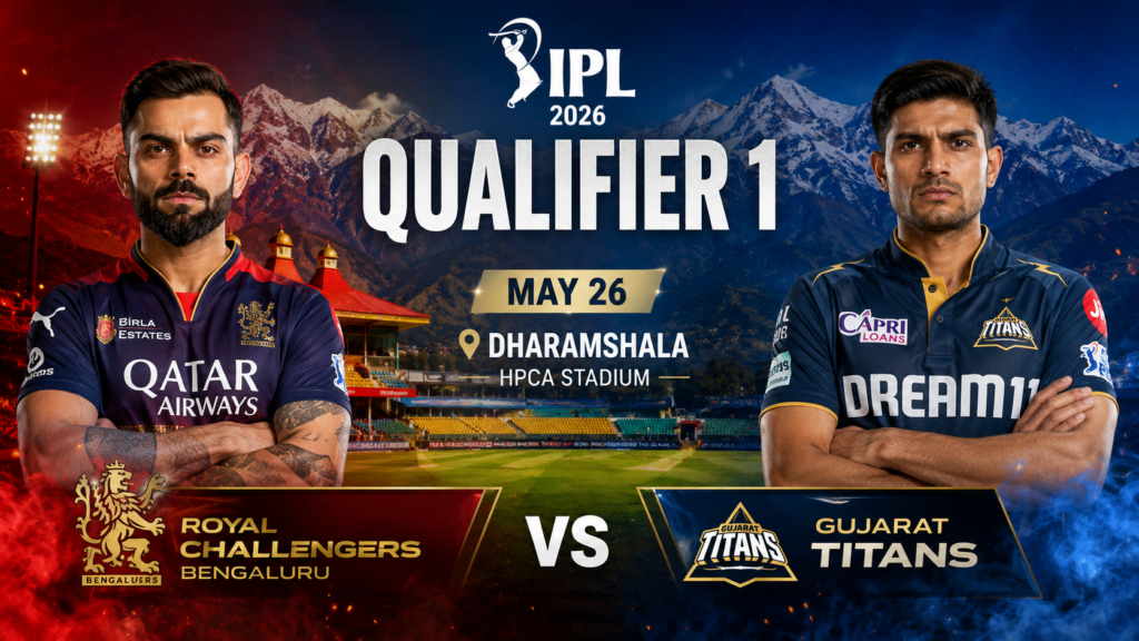 IPL 2026 Qualifier 1 banner featuring stars Virat Kohli and Shubman Gill.