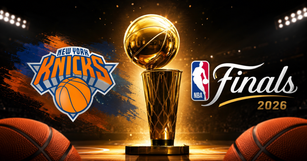 Golden NBA championship trophy with New York Knicks branding and NBA Finals 2026 text inside a dramatic basketball arena setting.
