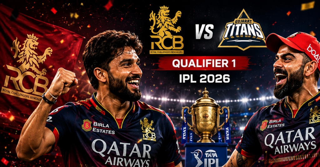RCB vs GT Qualifier 1 2026 as Rajat Patidar and Virat Kohli celebrate RCB reaching the IPL 2026 Final after defeating Gujarat Titans