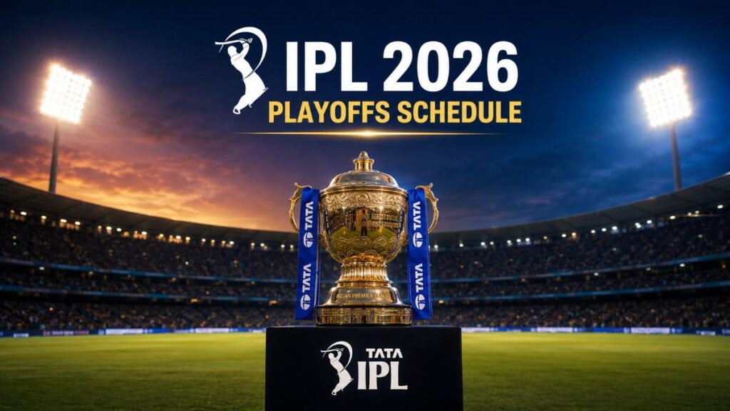 IPL 2026 Playoffs Schedule featured image showing the IPL trophy inside a floodlit cricket stadium with bold tournament branding and dramatic evening atmosphere.