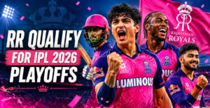 RR qualify for IPL 2026 playoffs graphic featuring Yashasvi Jaiswal, Riyan Parag and Jofra Archer