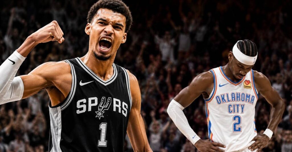 Victor Wembanyama celebrates during the Spurs’ dominant Game 6 win over the Thunder in the NBA West Finals.