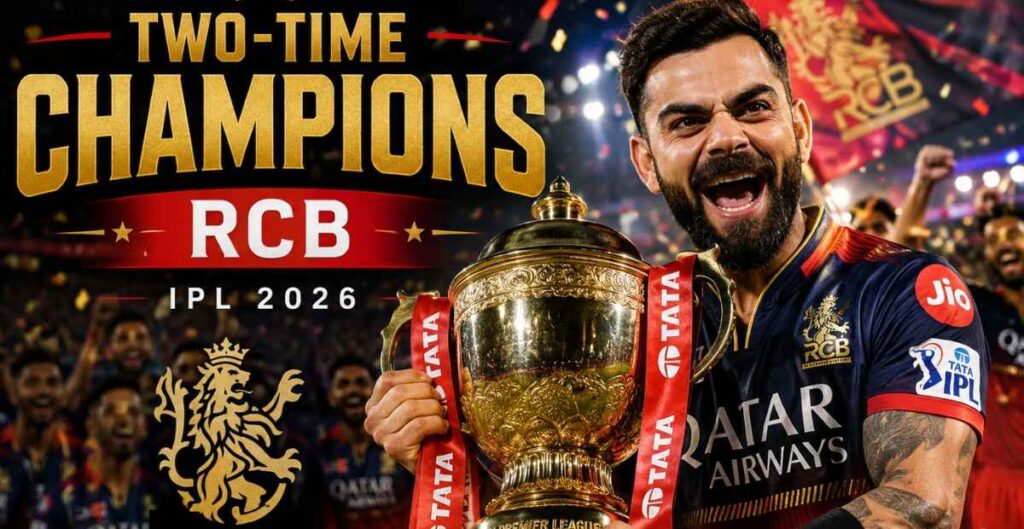 Virat Kohli celebrates with the IPL trophy as Royal Challengers Bengaluru become two-time IPL champions after defeating Gujarat Titans in the IPL 2026 Final.