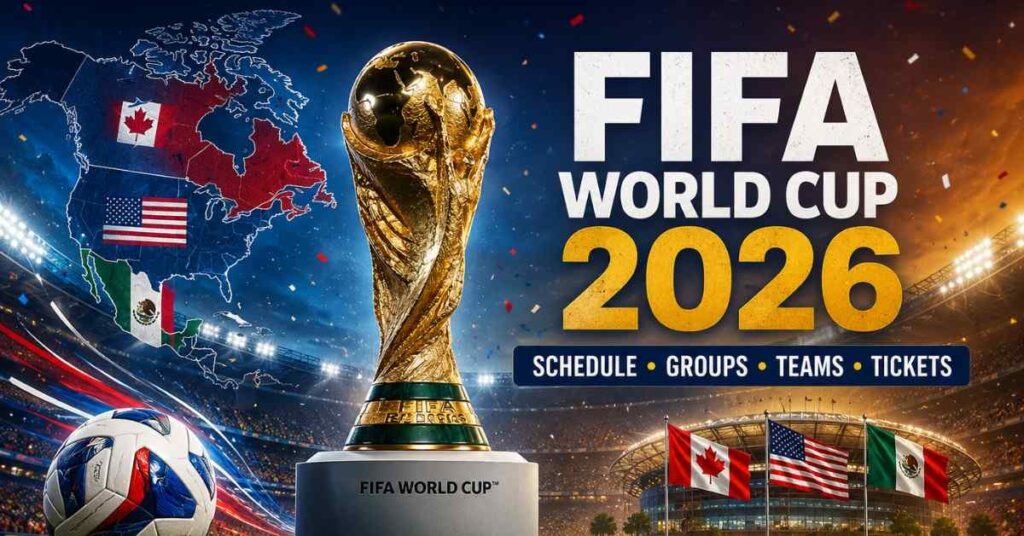 FIFA World Cup 2026 trophy with host nation flags and stadium