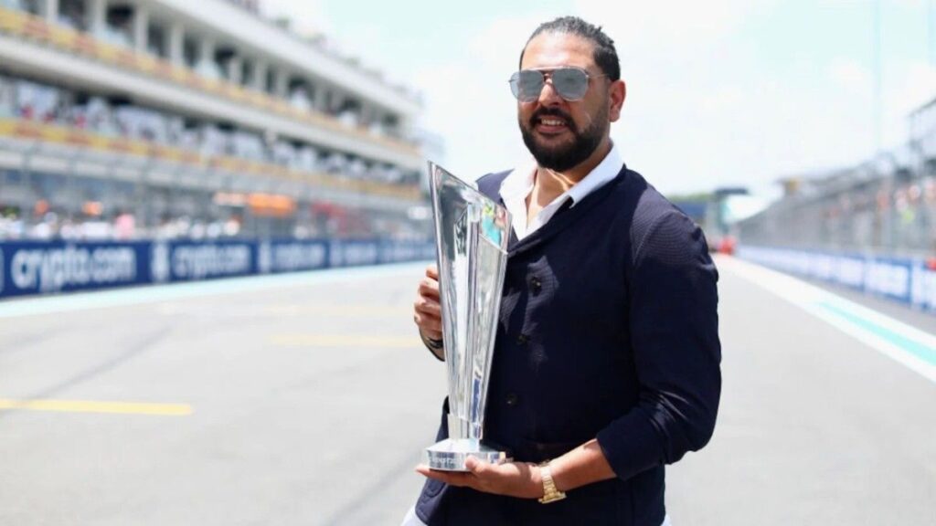 Yuvraj Singh holding the ICC T20 World Cup Trophy Yuvraj Singh holding the ICC T20 World Cup Trophy