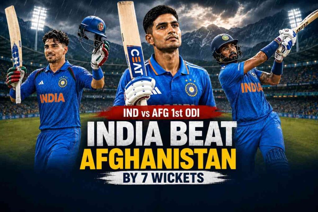 Shubman Gill and KL Rahul lead India's chase against Afghanistan in the rain-hit first ODI, while Rahmanullah Gurbaz celebrates his century in Dharamshala.