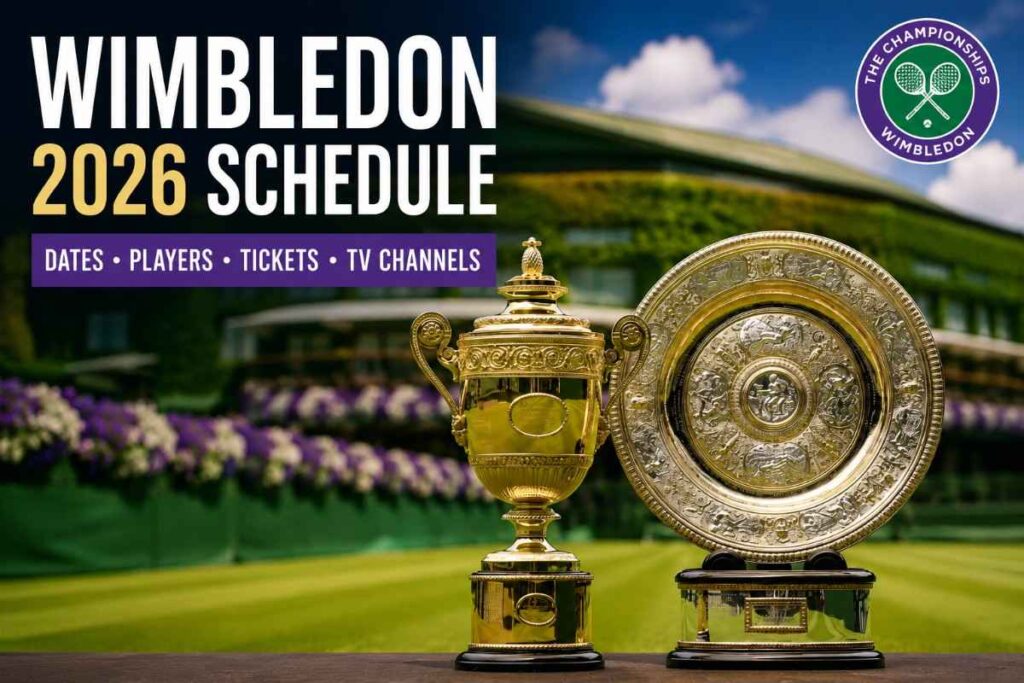 The Wimbledon trophies with the Wimbledon 2026 Schedule title, highlighting dates, players, tickets and TV channels.
