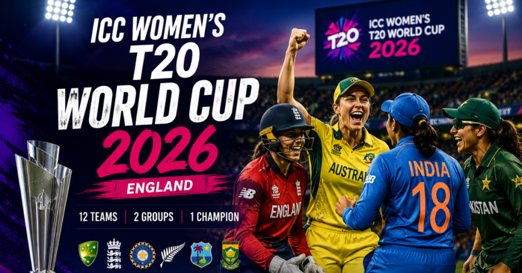 Players from Australia, India, England, and Pakistan celebrate on the field during the ICC Women’s T20 World Cup 2026, with the tournament trophy and stadium lights visible in the background.