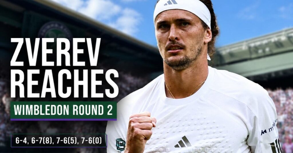 Alexander Zverev celebrates after defeating Alexander Blockx to reach the Wimbledon 2026 second round.