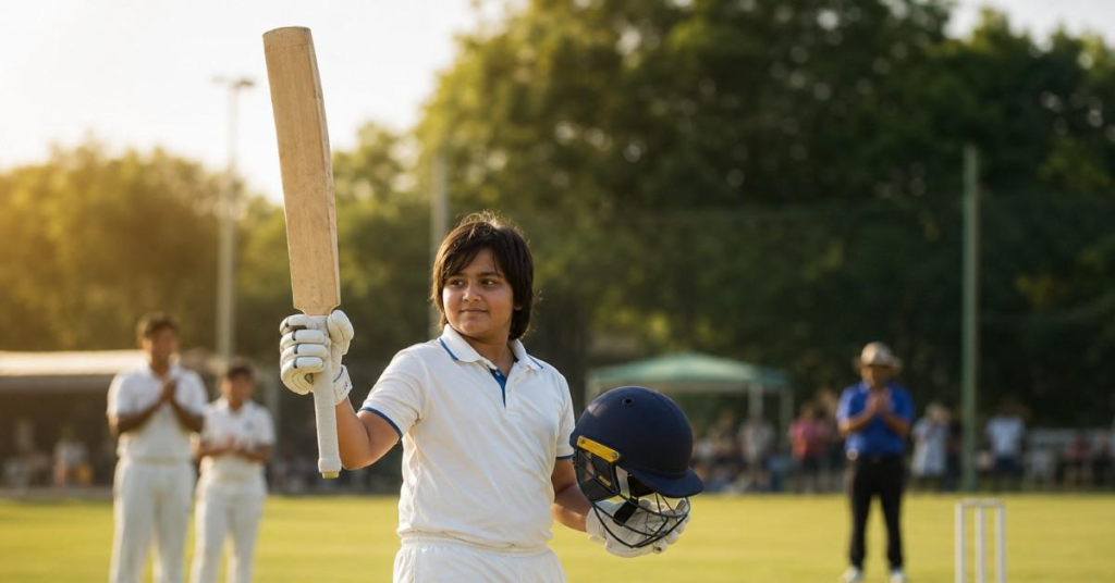 Ashirwad Sooryavanshi celebrates his century during a practice match in Samastipur.