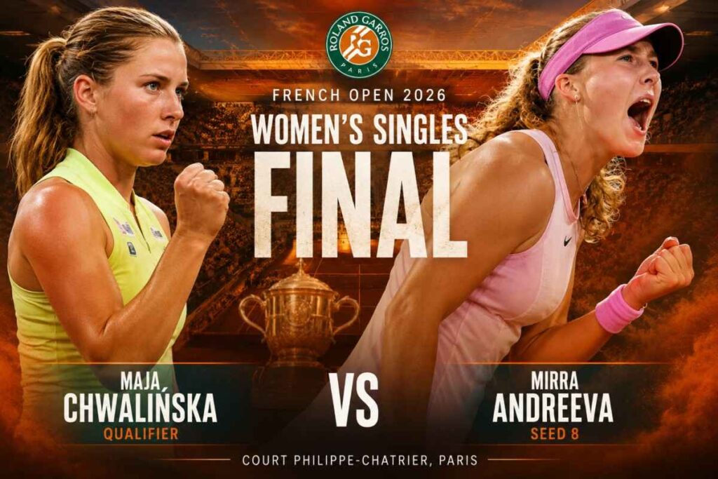 Mirra Andreeva and Maja Chwalińska in a head-to-head promotional poster on a clay-court backdrop with the Roland-Garros trophy and Court Philippe-Chatrier stadium in Paris.