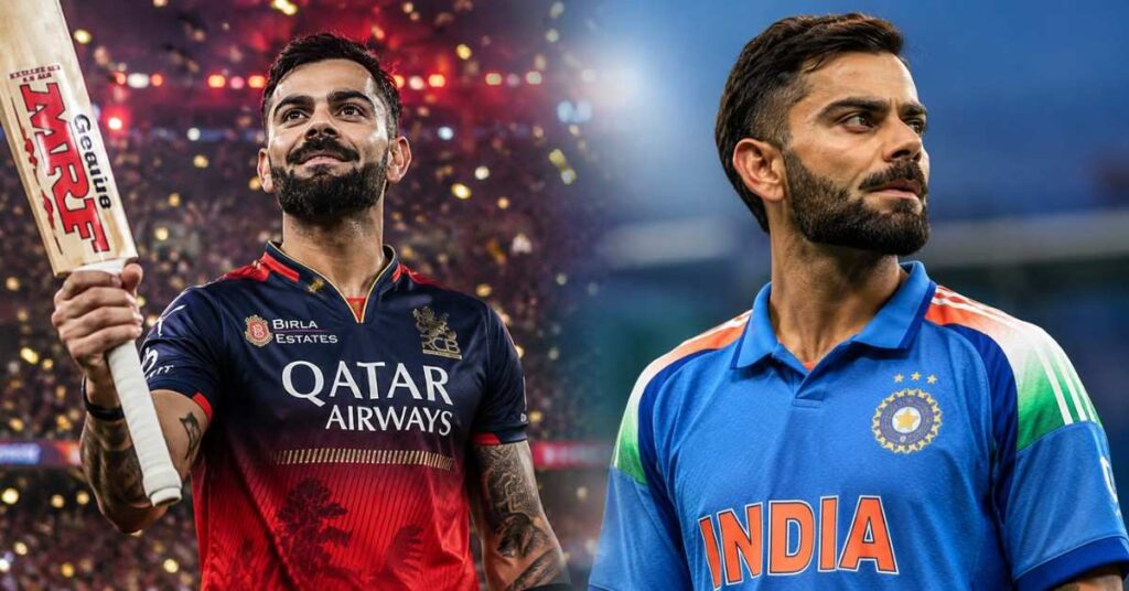 Virat Kohli in Royal Challengers Bengaluru and India jerseys in a split-image composition, highlighting his IPL success and potential absence from India's Afghanistan ODI series.