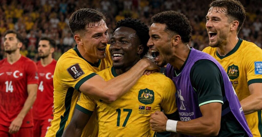 Australia players celebrate during a 2-0 victory over Turkey in a FIFA World Cup 2026 Group D match.