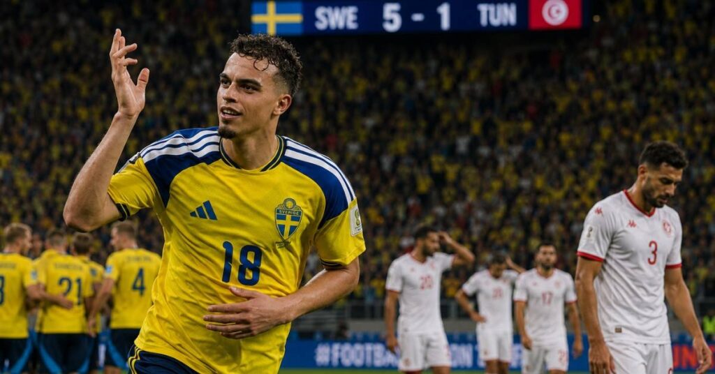 Yasin Ayari celebrates during Sweden’s 5-1 victory over Tunisia at FIFA World Cup 2026, with Tunisian players looking dejected in the background.