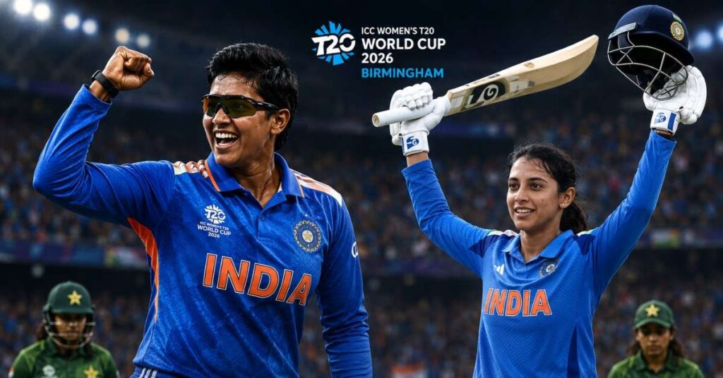 Indian cricketers Deepti Sharma and Smriti Mandhana celebrate India's 64-run victory over Pakistan during the ICC Women's T20 World Cup 2026 in Birmingham, with Pakistan players in the background.