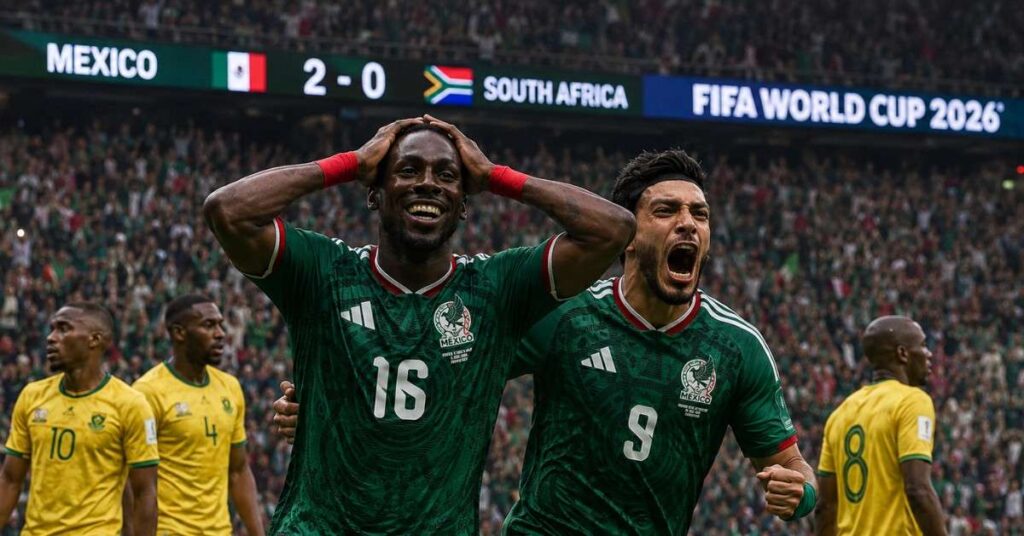 Quinones and Jimenez celebrating a goal during the FIFA World Cup 2026 opener against South Africa.