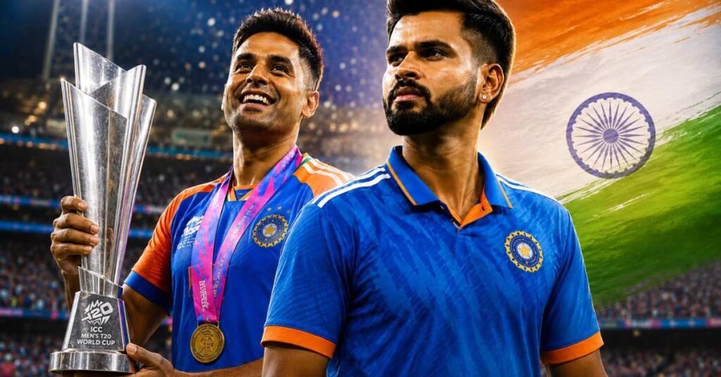 Suryakumar Yadav Holding T20 World Cup Trophy. Also, Shreyas Iyer as the New T20I Captain