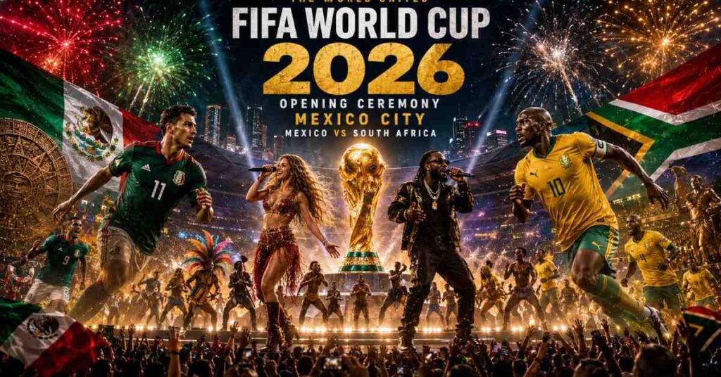 FIFA 2026 opening ceremony in Mexico City stadium with fireworks, trophy spotlight, and packed cheering crowd.