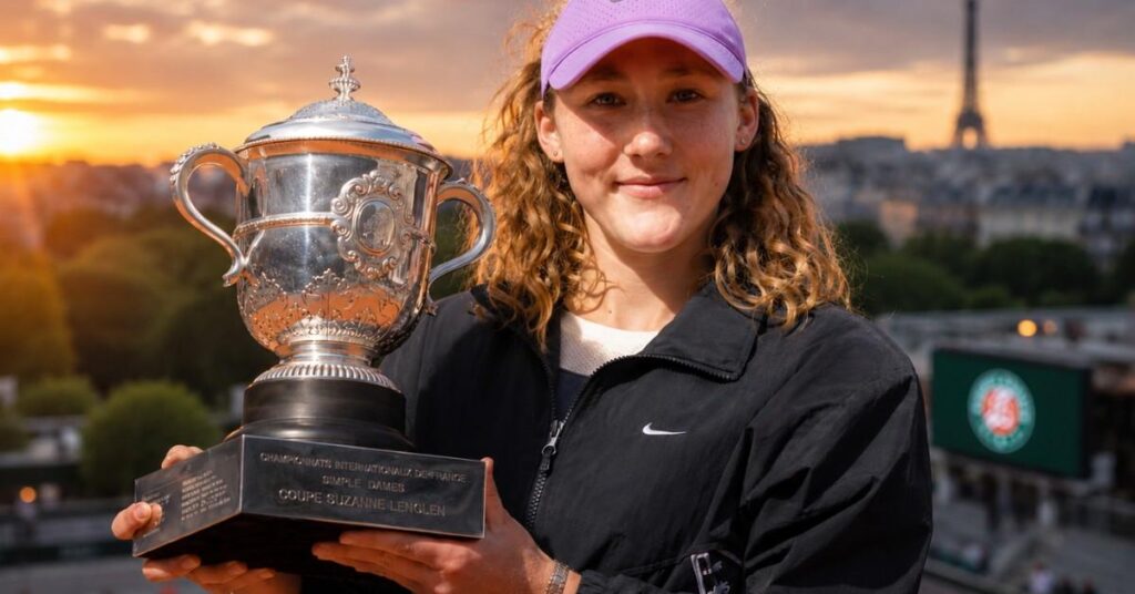 Mirra Andreeva poses with the French Open trophy in Paris