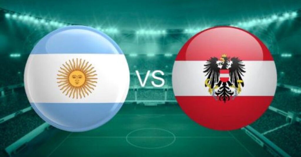 Argentina vs Austria match preview graphic featuring national team flags on a green football stadium background.
