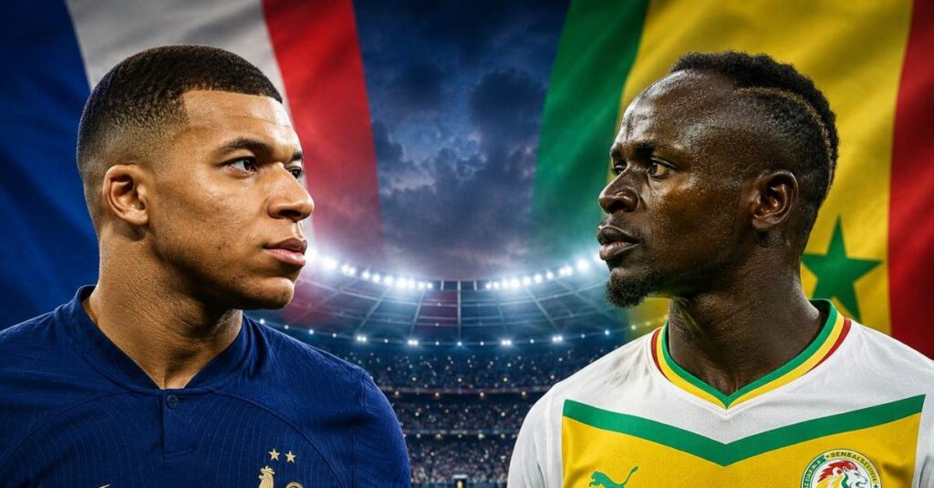 Kylian Mbappé and Sadio Mané feature in a promotional graphic ahead of the France vs Senegal FIFA World Cup 2026 clash.