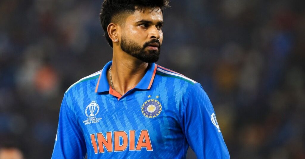 Shreyas Iyer in India cricket jersey looking focused during a match, representing leadership discussions in T20I cricket.