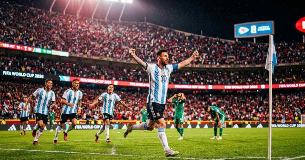 Lionel Messi and Argentina players celebrating a goal in a packed World Cup stadium, with opposing players reacting in the background under night lights.