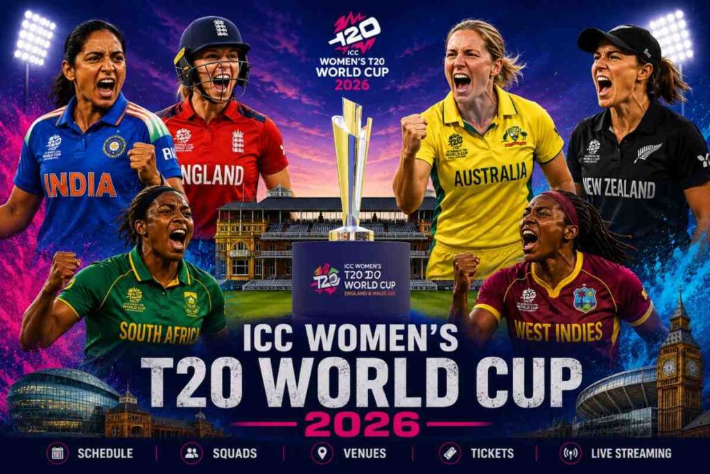 ICC Women’s T20 World Cup 2026 trophy with international stars