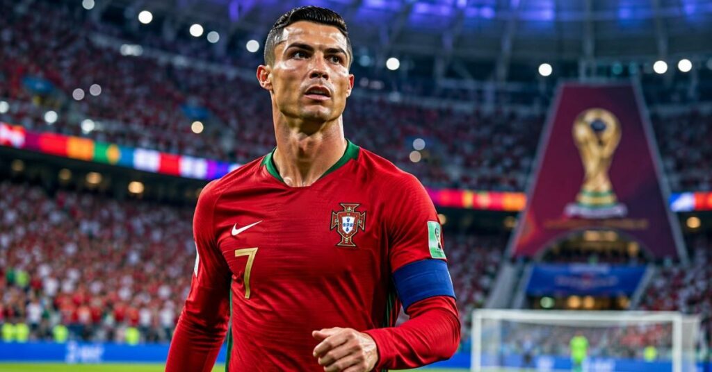 Cristiano Ronaldo in Portugal national team kit standing in a FIFA World Cup stadium with dramatic floodlights and a blurred crowd in the background.