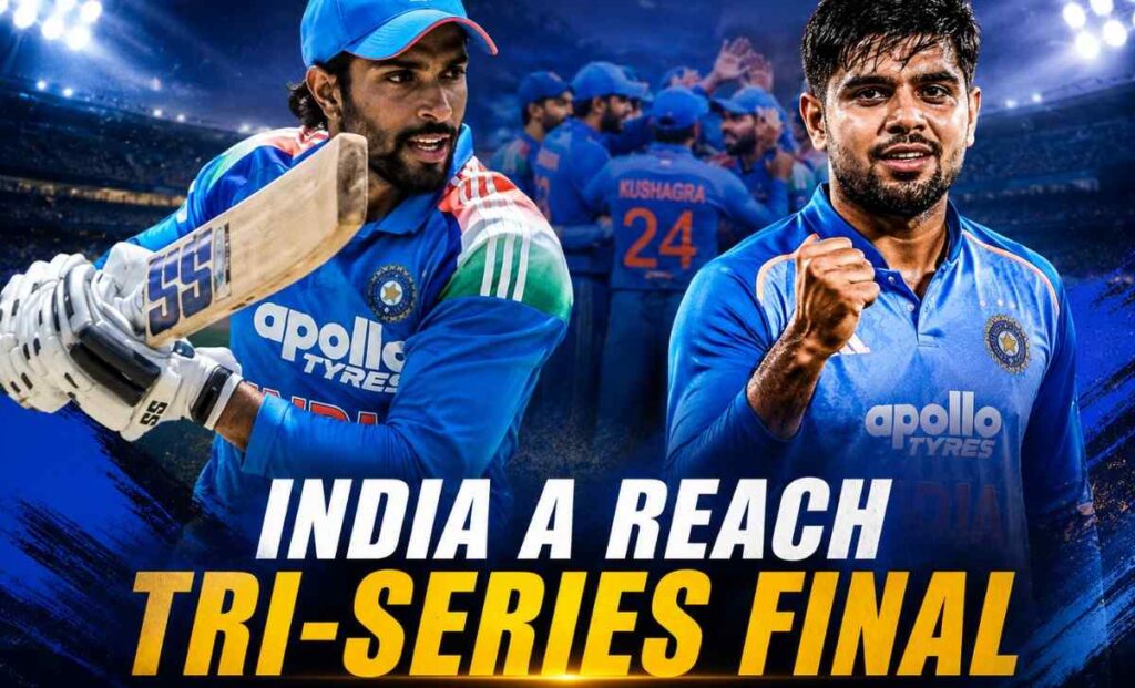 Tilak Varma and Priyansh Arya celebrate as India A reach the Tri-Series final after defeating Afghanistan A by 101 runs.