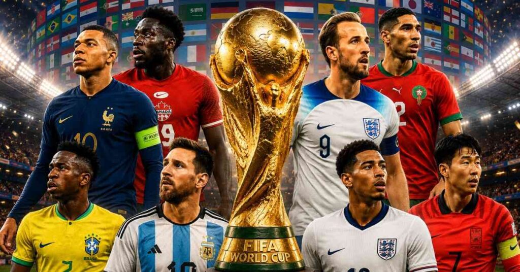 FIFA World Cup trophy surrounded by star players and national flags