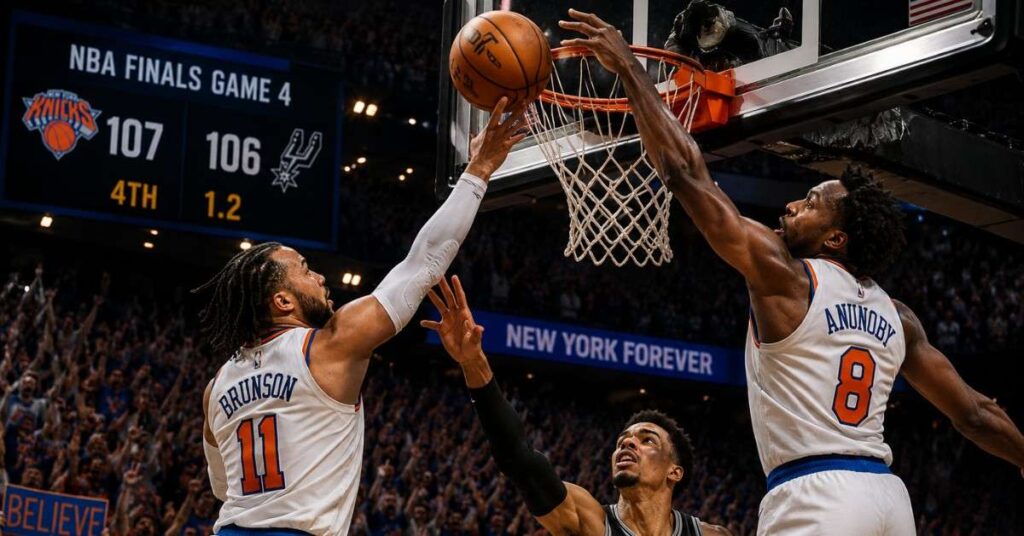 NBA Finals Game 4 clutch rim shot, Brunson and Anunoby contest last-second 107–106 finish.