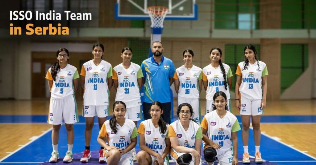 ISSO India women’s basketball team poses with their coach during the 2026 ISF World School Basketball Championship in Serbia.