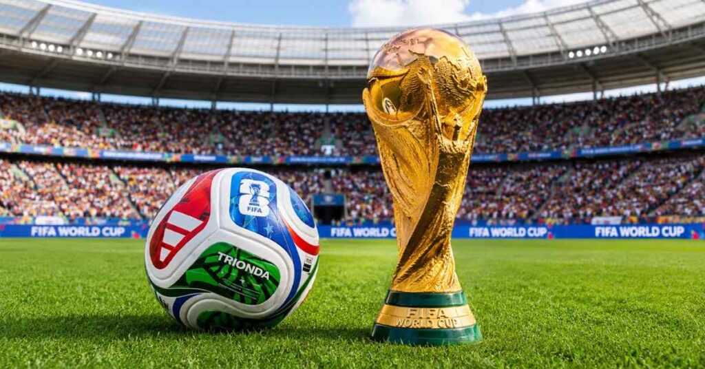 FIFA World Cup trophy and match ball displayed inside stadium.