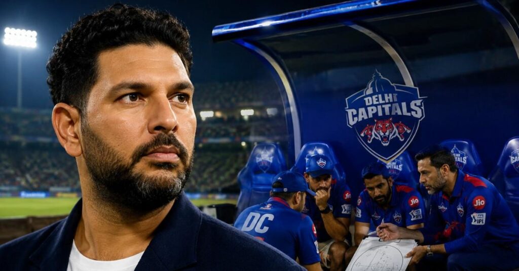 Yuvraj Singh in a cinematic IPL dugout scene for Delhi Capitals, shown in close-up with a focused expression while coaching staff discuss strategy in the background inside a floodlit stadium.