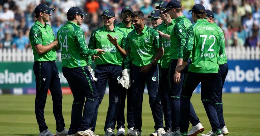 Ireland players celebrate after defeating India by 34 runs in the first T20I at Stormont, Belfast, securing their first-ever international win over India.