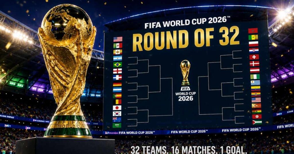 FIFA World Cup 2026 Winner's Trophy displayed inside a packed stadium with a Round of 32 knockout bracket ahead of the FIFA World Cup 2026 knockout stage.