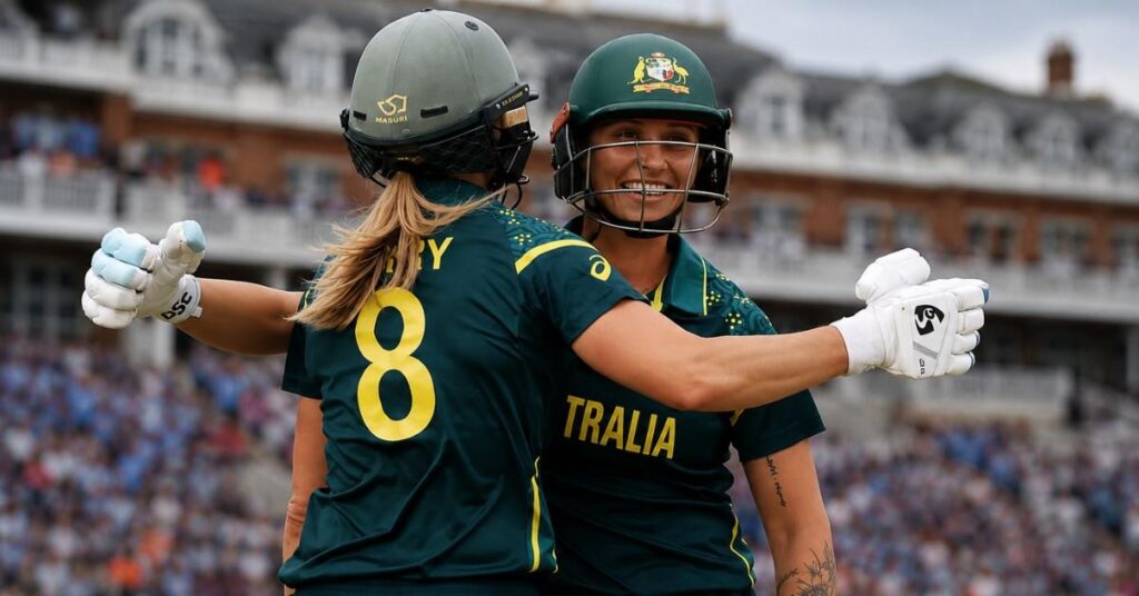 Australia's Ashleigh Gardner celebrates her half-century during Australia's six-wicket win over India in the ICC Women's T20 World Cup 2026 at Lord's.