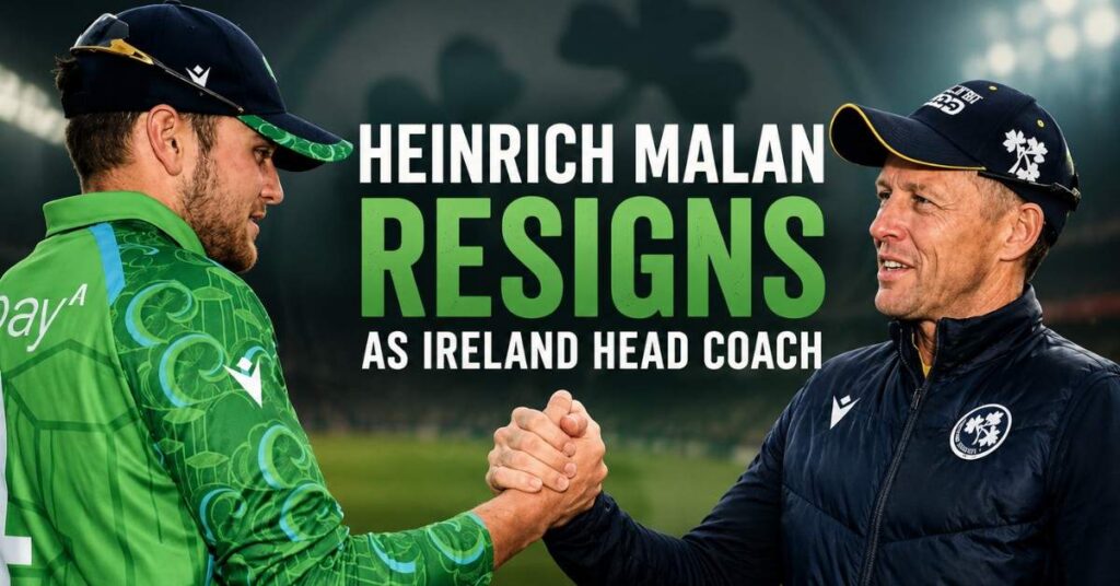 Ireland captain and wicketkeeper-batsman Lorcan Tucker shakes hands with outgoing head coach Heinrich Malan after Ireland's historic T20I series victory over India.