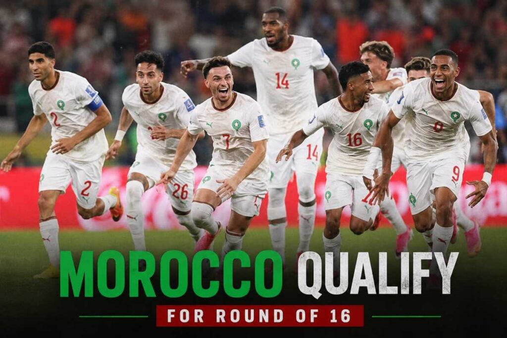 Morocco players celebrate after defeating the Netherlands 3-2 on penalties to qualify for the FIFA World Cup 2026 Round of 16.
