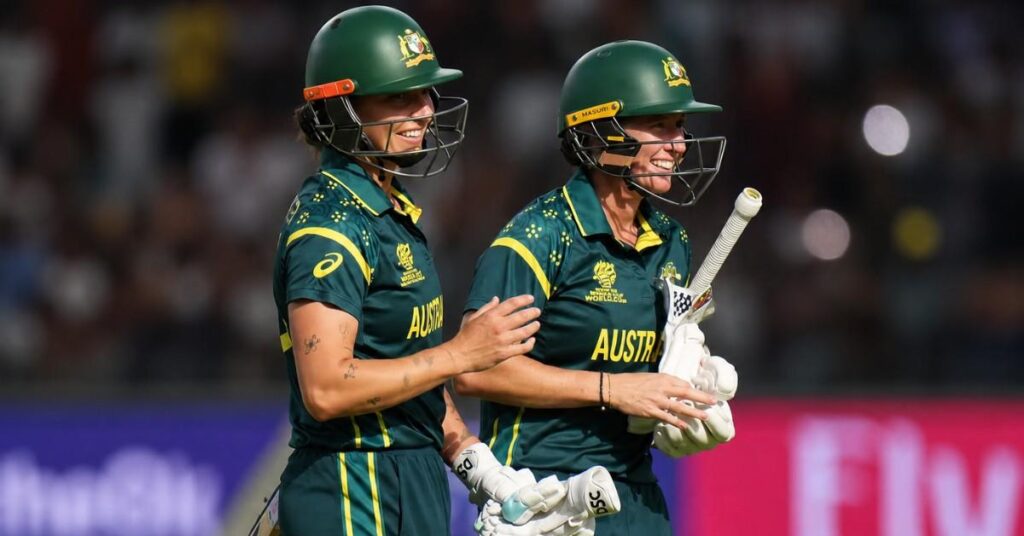 Beth Mooney and Ashleigh Gardner walk off after guiding Australia to an eight-wicket victory over West Indies in the Women's T20 World Cup 2026 semifinal.