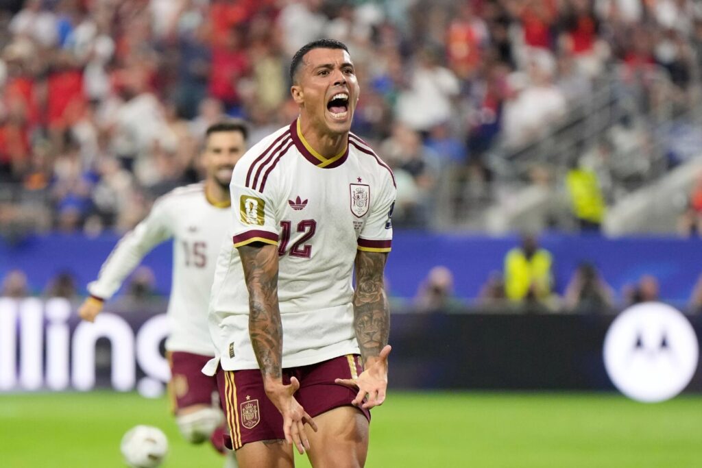 Pedro Porro reacts after scoring Spain's second goal in the World Cup semifinal. Pedro Porro reacts after scoring Spain's second goal in the World Cup semifinal.
