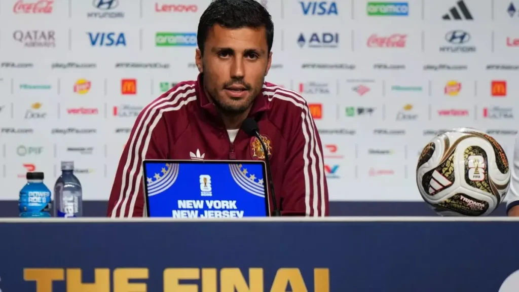 Rodri at a press conference ahead of Spain vs Argentina 2026 World Cup Final Rodri at a press conference ahead of Spain vs Argentina 2026 World Cup Final