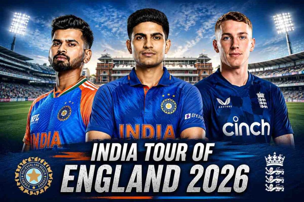 India Tour of England 2026 featured image showing Shreyas Iyer, Shubman Gill, and Harry Brook ahead of the eight-match white-ball series between India and England.