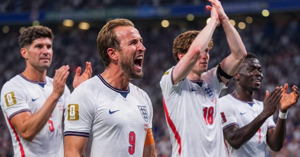 Harry Kane celebrates with England teammates after the FIFA World Cup 2026 Round of 32 win over DR Congo.