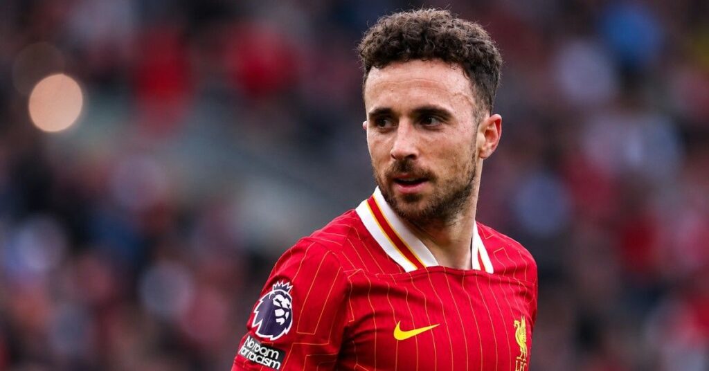 Portrait of Diogo Jota in Liverpool's red home kit.