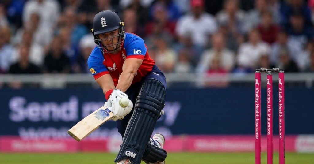 Jacob Bethell plays a sweep shot during England's successful chase against India in the 2nd T20I at Old Trafford.