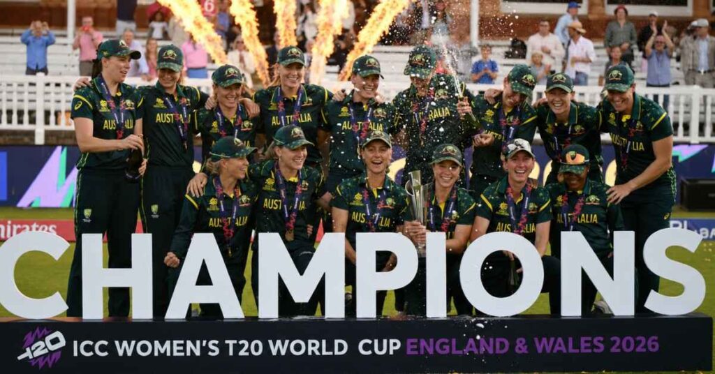 Australia women's cricket team celebrates after winning the 2026 ICC Women's T20 World Cup final at Lord's.