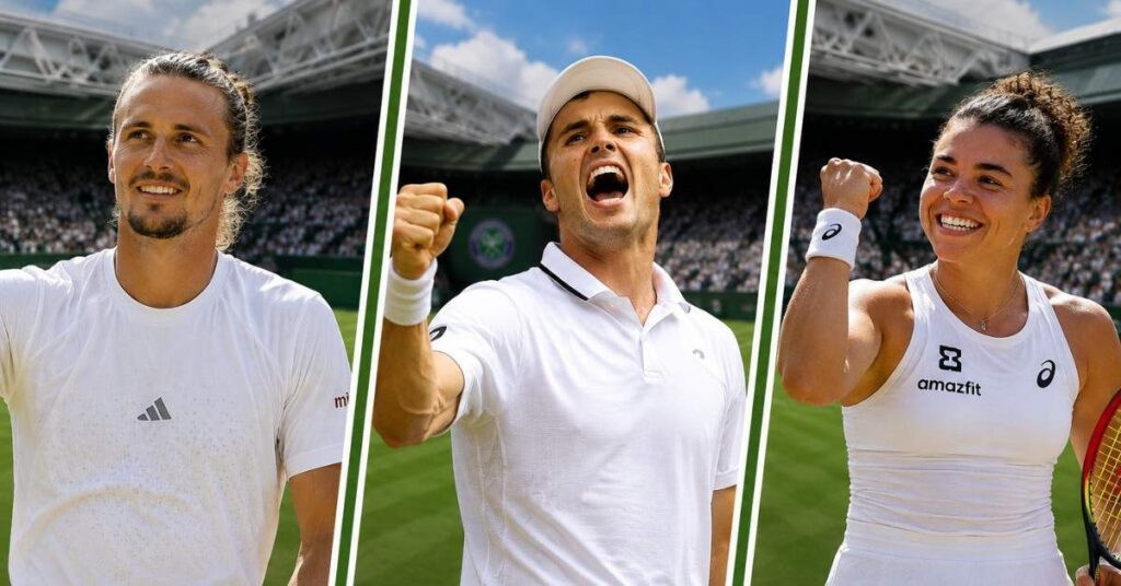 Alexander Zverev, Arthur Fery, and Jasmine Paolini celebrate after reaching the Wimbledon 2026 quarterfinals ahead of the Gentlemen's and Ladies' Singles last-eight matches.